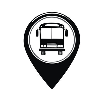 Black bus icon inside a location pin marker, representing a bus stop or transportation destination.