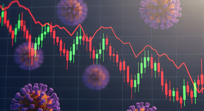 Financial Market Chart with Red and Green Candlestick Bars and Purple Coronavirus Structures in a Dark Background Illustration