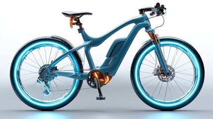 Obraz premium A sleek electric bicycle with neon blue tire lights symbolizing innovation on transparent background