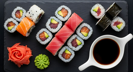 Assorted sushi rolls with tuna, salmon, and avocado served on a black slate with soy sauce, wasabi, and pickled ginger.