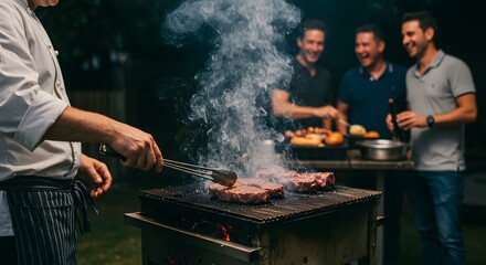 Chef grilling juicy beef steaks for smiling friends during a nighttime backyard barbecue party.
