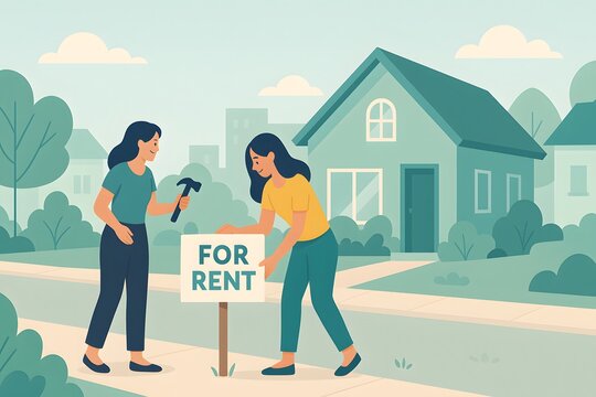 Two women installing a 'For Rent' sign in front of a house, representing real estate and rental activity.