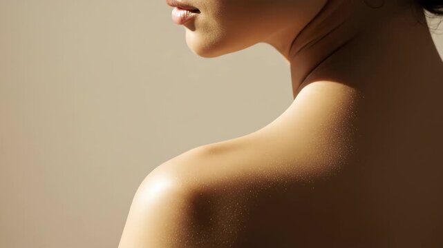 Closeup of a womans shoulder and neck, showcasing smooth skin, healthy tone, and a sensual profile, emphasizing beauty, wellness, and the elegance of the female form in soft light