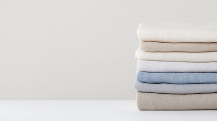 Minimalist linen bedding aesthetic with stack of folded linens for interior design and home decor inspiration