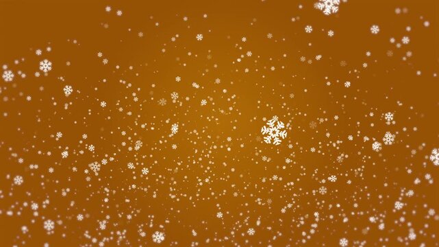 Beautiful white snowflakes gently falling against an orange background creating a vibrant winter atmosphere