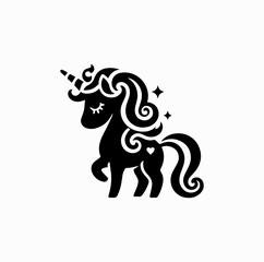 Fototapeta premium Black Vector Logo of Cute Elegant Unicorn with Curly Tail — Magical and Feminine Character for Kids 