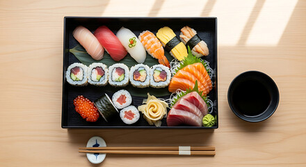 Colorful assorted sushi set in a bento box with sashimi, nigiri, and maki rolls, served with soy sauce and chopsticks on a light wooden table.