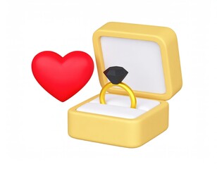 Romantic Gold Ring in Box with Heart: 3D Cartoon Style