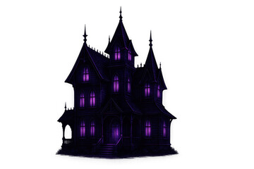 Obraz premium Victorian haunted house glowing with purple light at night, perfect for halloween projects, with transparent background