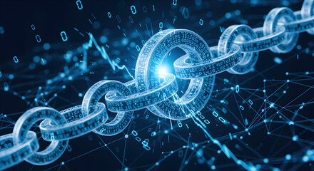 Interconnected Metallic Chain Links in a Dark Blue Digital Blockchain Network Illustration