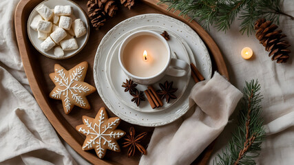 Cozy holiday scene with gingerbread cookies, a candlelit mug, and marshmallows on a wooden tray.