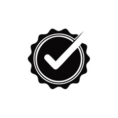 Black and white checkmark icon in a scalloped badge symbol for quality and approval