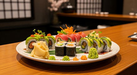 Colorful assorted sushi rolls with avocado, tuna, and vegetables served on a white plate in a modern Japanese restaurant.
