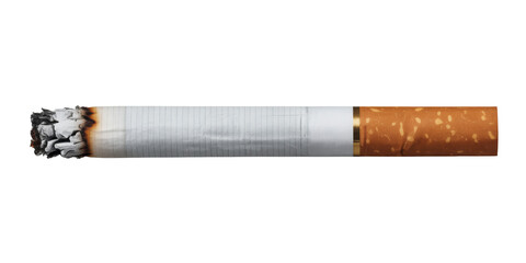 Smoldering cigarette with ash details evokes unhealthy choices and addiction awareness campaigns