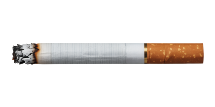 Smoldering cigarette with ash details evokes unhealthy choices and addiction awareness campaigns