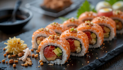 Assorted salmon sushi rolls and nigiri with sesame seeds and green onion garnish on a clean white background.