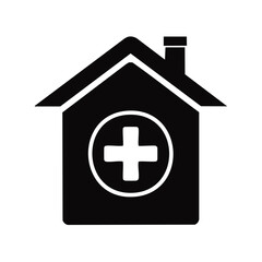Obraz premium Minimalist black icon of a house with a white medical cross symbol on its facade