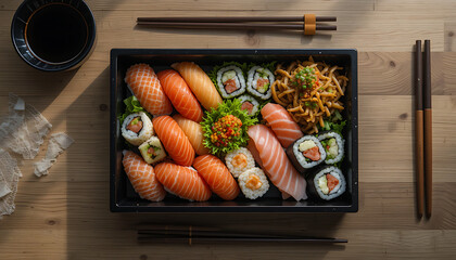 Colorful assorted sushi set in a bento box with sashimi, nigiri, and maki rolls, served with soy sauce and chopsticks on a light wooden table.