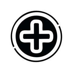 Obraz premium Black and white icon of plus symbol inside circle shape for health, medical care, and help concepts.
