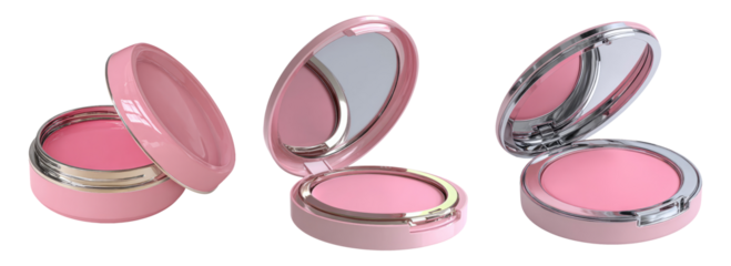 Set of Three Isolated Pink Blush Compacts on Transparent Background