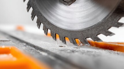 Close-up of a circular saw blade cutting
