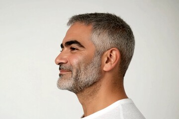 Obraz premium Pure white solid background. A peaceful and radiant male in a confident pose. Idea of style for aging men. Classy men's textured crop haircut - midlife middle eastern man with short hair.