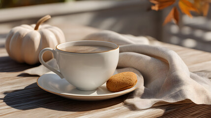Fototapeta premium Autumn still life: Coffee, cookie, and pumpkin on a wooden table with sunlight and warm, inviting colors.