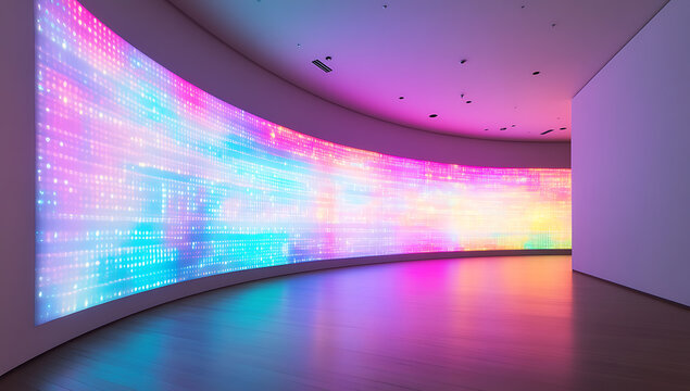 Large curved led video wall displaying colorful abstract patterns in a modern architectural space with polished wooden floor.