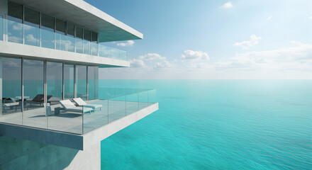 Modern oceanfront villa overlooking turquoise sea with deck chairs and glass balcony in luxury resort