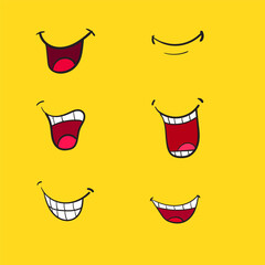 Funny Cartoon Mouth Expressions Vector Set – Hand Drawn Smiling and Tongue Faces on Yellow Background.

