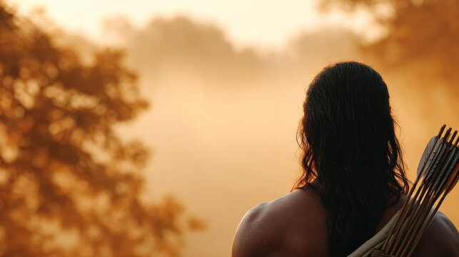 Shree ram in meditative pose with bow amidst golden fog - spiritual and cultural reverence - Powered by Adobe