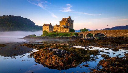 Fototapeta premium Misty Scottish castle at dawn