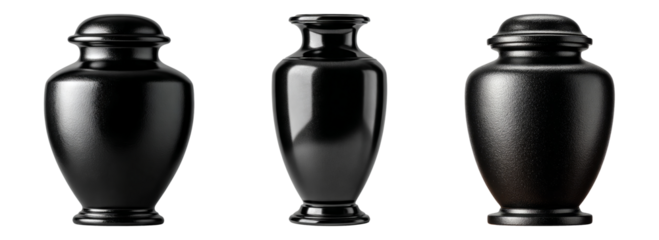 Set of three isolated black urns on transparent background
