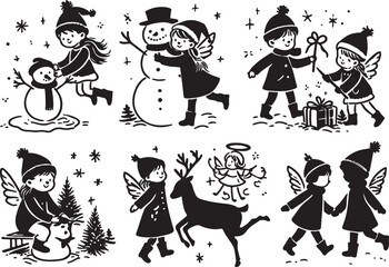 Naklejka premium A festive set of black and white Christmas icons, decorations, and illustrations for holiday designs