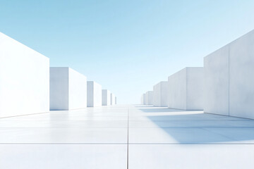 A clean, bright, minimalist outdoor hallway of large, white rectangular architectural elements under a pale blue sky. Linear and geometric.