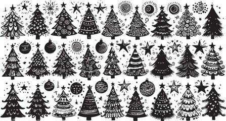A festive set of black and white Christmas icons, decorations, and illustrations for holiday designs
