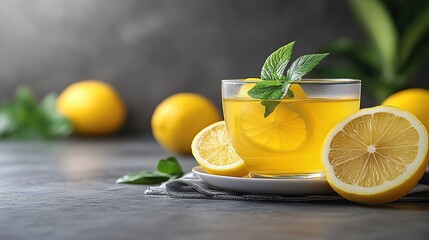Refreshing lemon tea in a glass cup, garnished with fresh mint leaves
