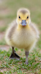 Adorable fluffy duckling walking on grass with curious expression
