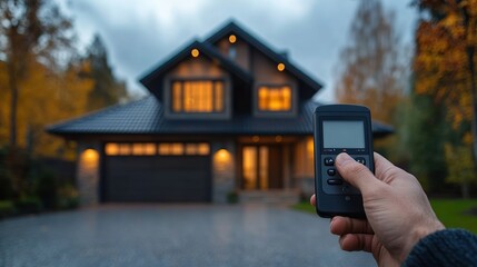 Naklejka premium Smart home control. A hand holds a remote control, in front of a modern house at dusk
