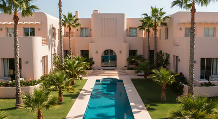 Luxury villa with swimming pool and palm trees resort vacation home rental tropical getaway destination travel