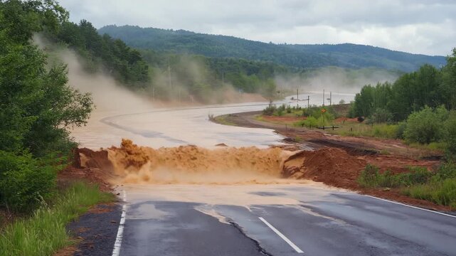 Devastating mudslide flowing over asphalt road