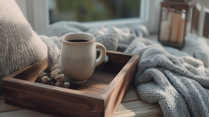 Warm drink on a cozy window seat with soft blankets and natural light creates a peaceful scene.