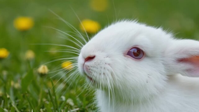 Adorable albino rabbit exploring green meadow