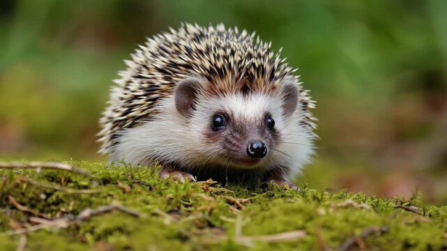 Hedgehog exploring mossy surface in the forest