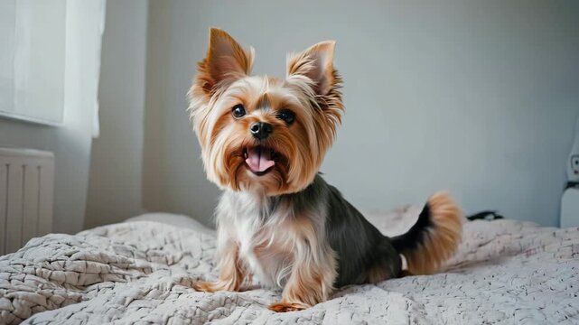 Cute yorkshire terrier panting on a bed