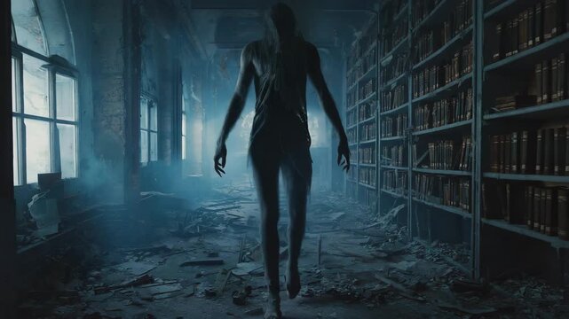 Creepy apparition walking in abandoned library