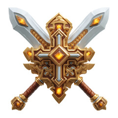 Golden Shield with Two Swords Isolated on Transparent Background
