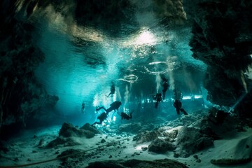 Divers explore a stunning underwater cave system with a sunlit opening.