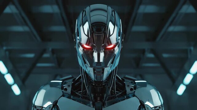 Metallic robot slowly walking in dark hangar