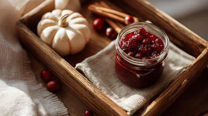 Festive cranberry sauce in a jar with autumnal decor creates a warm and inviting seasonal scene.